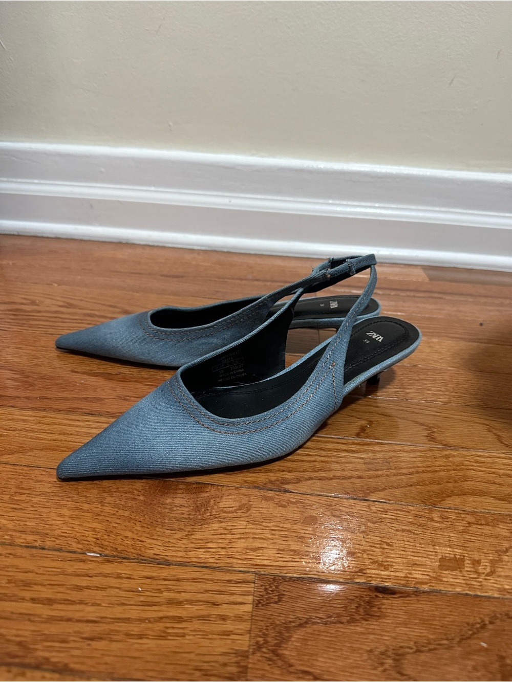 Zara Denim Blue Pointed Slingback Kitten Heels